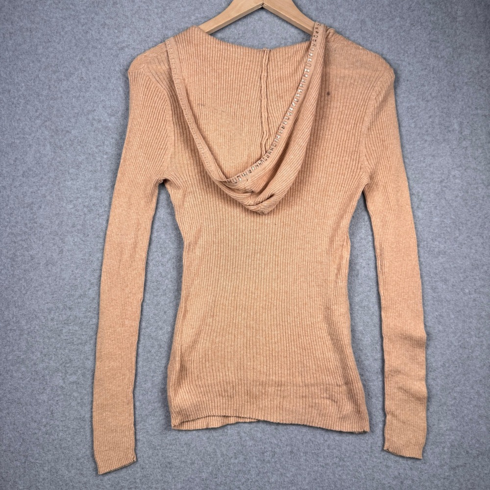 Vintage Y2K Aeropostale Hoodie Sweater Womens Medium Tan Sequin VNeck Cable Knit - Picture 2 of 11